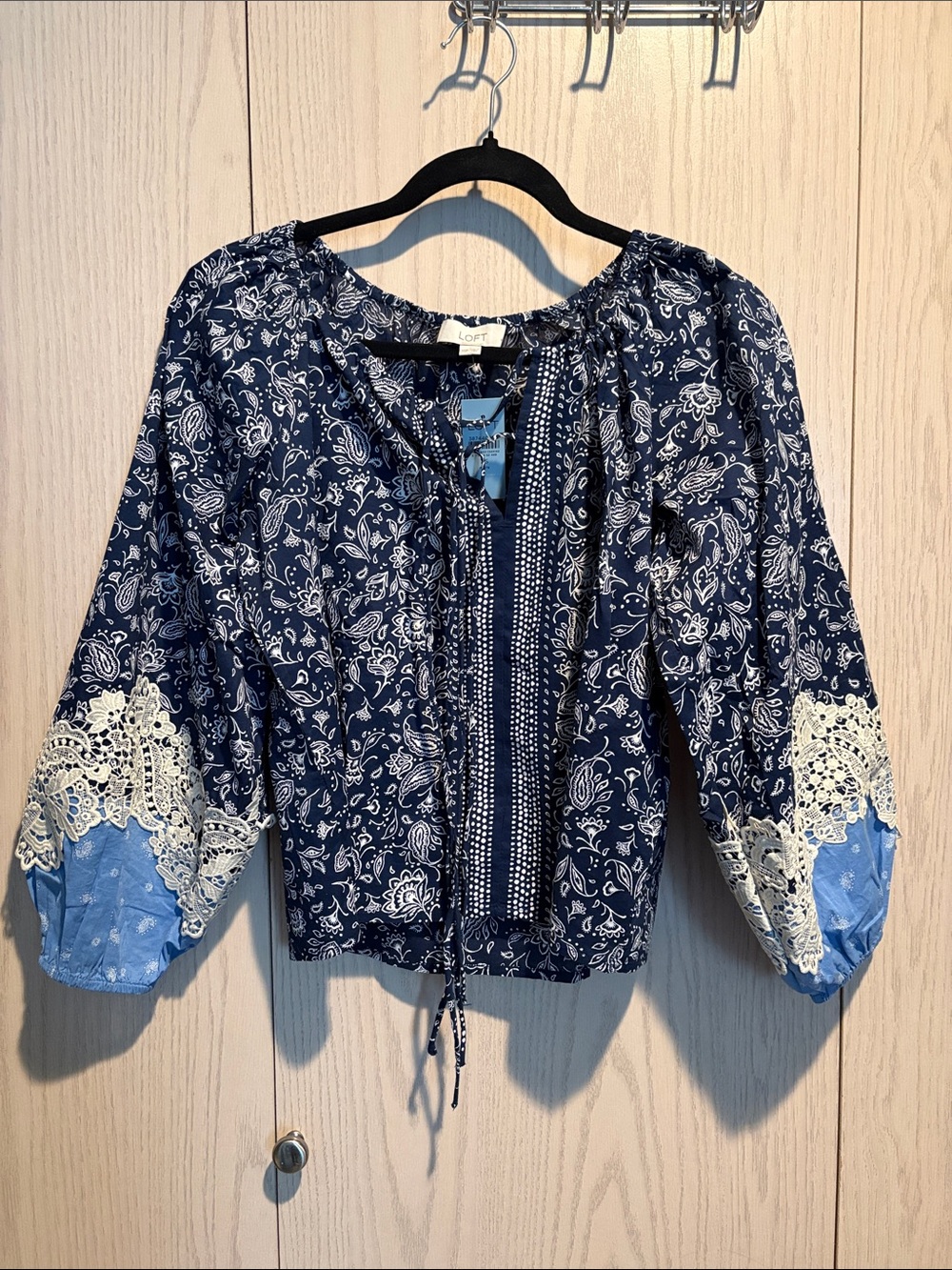 LOFT Navy Paisley Peasant Blouse with Cream Lace and Light Blue Cuffs NWT